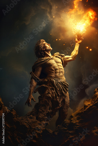 Prometheus stealing fire from the gods and bringing it to mankind (Generative AI)