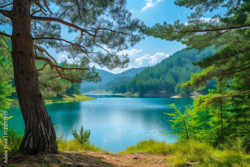 Peaceful Retreat: Pine Trees and Tranquil Lake