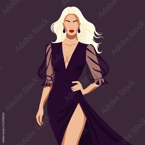 Vector flat faceless illustration of a beautiful sexy woman in a stylish dress with voluminous transparent sleeves and a slit on the leg.
