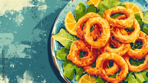 Colorful Digital Art Illustration of Fried Calamari Rings with Lemon Wedges