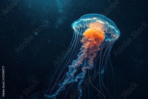 A luminous jellyfish swims in the deep blue sea, embodying the mysterious beauty of marine life.   © Kishore Newton