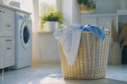 A basket full of freshly washed clothes waiting to be put away in the soft sunlight. Clothes after being washed in a corner of the laundry room. photo