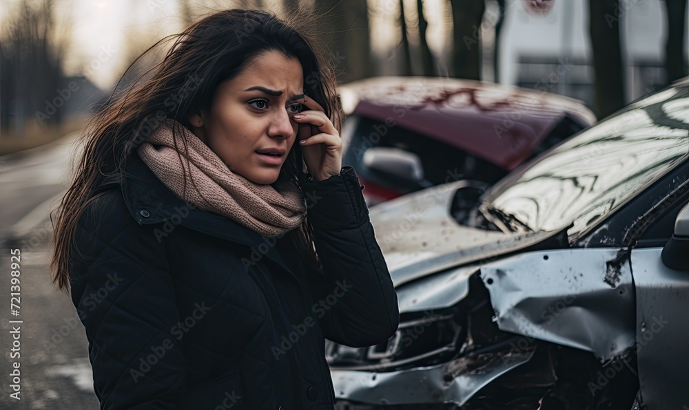 Sad young woman after a car accident holding her head. Car accident on the street, damaged car on the background Sad young woman after a car accident holding her head. Car accident on the street, damaged car on the background