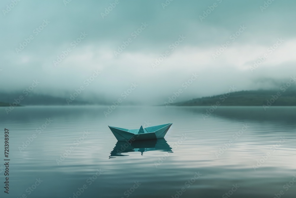 A paper boat floats on a misty lake, evoking solitude and the simplicity of nature's quiet moments. A paper boat floats on a misty lake, evoking solitude and the simplicity of nature's quiet moments.