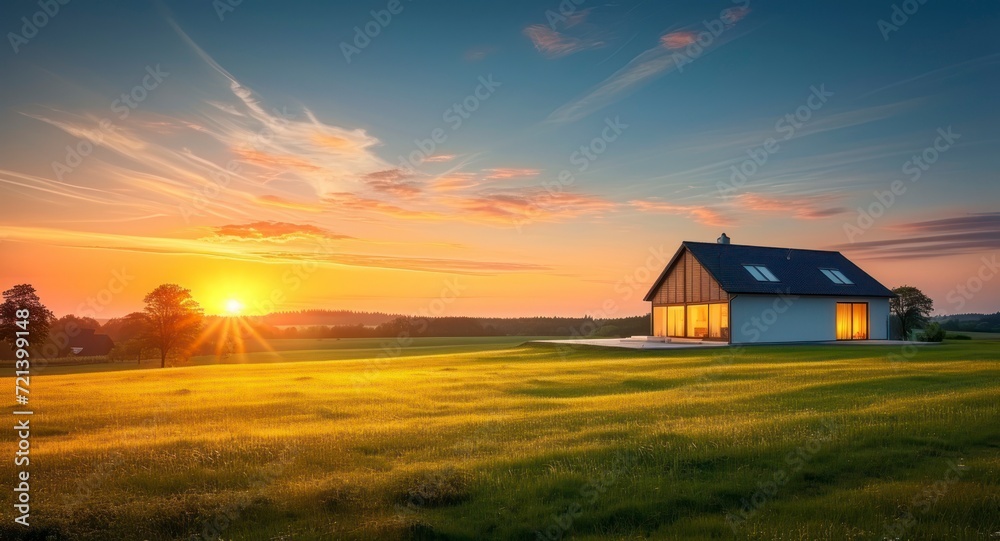 A Picturesque Landscape of a Glowing Sunset Over a Verdant Meadow with a House in the Backdrop