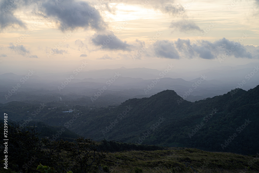 Misty mountain view with hills as optical layers on a morning in Panama jungle