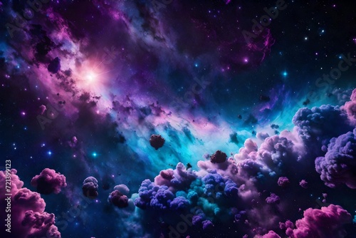 Violet, pink, blue and cyan universe with stars in the galaxy landscape