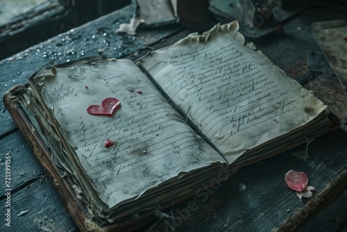 An open antique book with heart-shaped symbols amidst the pages, in a mystic ambiance. photo