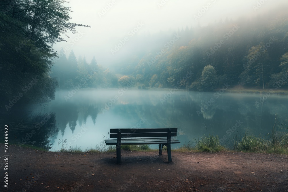 An empty bench overlooks a foggy lake in a serene forest setting, a peaceful retreat into nature.