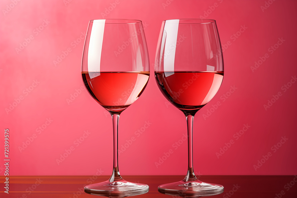 Two glasses of red wine on pink background.