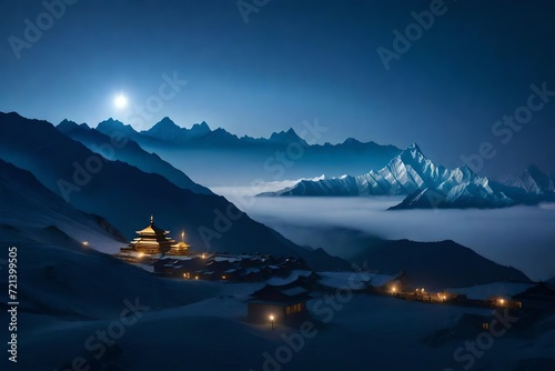 Mountains on a foggy night with dramatic and beautiful lighting