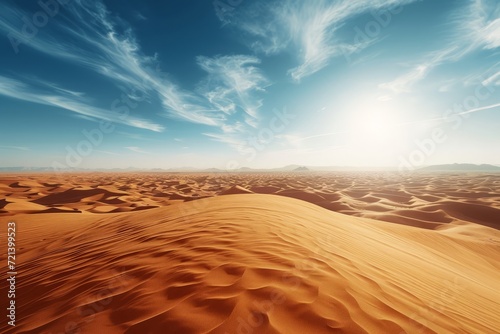 The vast expanse of a desert under a blazing sun, embodying the extreme of nature's landscapes.