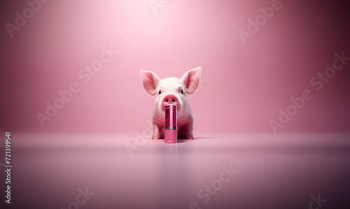 Putting Lipstick on a Pig, pink background, cute pig with pink lipstick