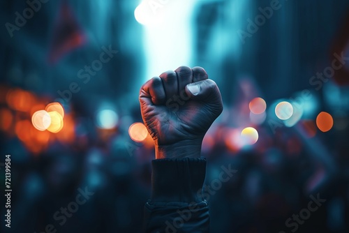 Raised fist in the air against a blurred urban background, symbolizing protest and solidarity.