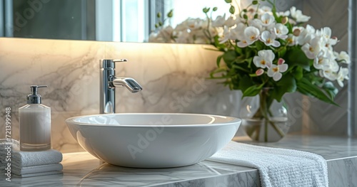 A Stunning Marble Bathroom Counter with Refined Amenities and Floral Embellishment