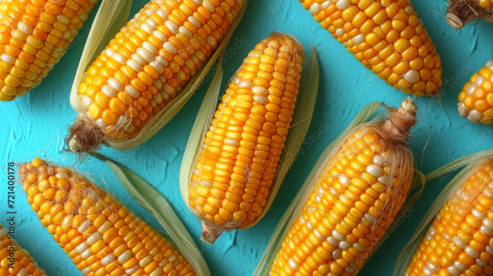 Vibrant Yellow Corn Ears with Green Leaves Over Blue Vibrant Yellow Corn Ears with Green Leaves Over Blue