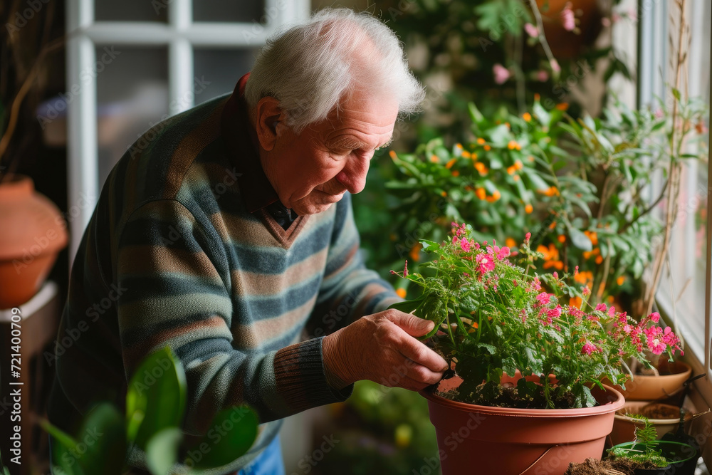 Fototapeta premium Retired Man Engaging in Indoor Planting Activity