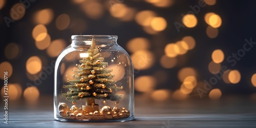 minimalistic design Christmas and new year concept  Close-up  Elegant Christmas tree in glass jar with bokeh