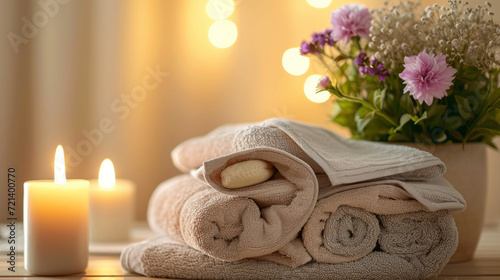 a stack of towels and a candle on a table
