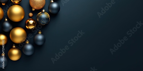 minimalistic design Luxury gold Christmas decorations on dark blue background.