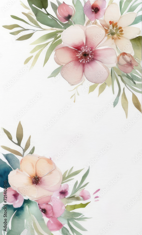 Postcard with watercolor flowers on light background, with copy space