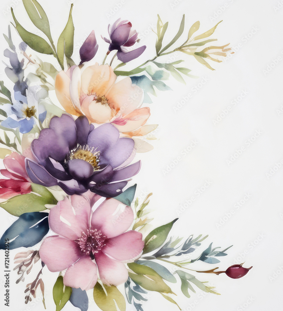 Postcard with watercolor flowers on light background, with copy space