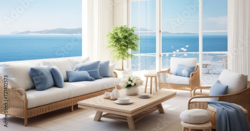 A Chic Living Room with Coastal Interior Design, Harmonizing White and Blue Elements and Ocean Vistas © Kingboy