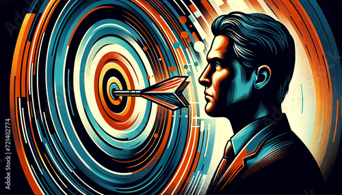 A stylized portrait of a man in profile with a dart hitting the bullseye on a target that blends with his head, symbolizing precision, focus, and goals.Business concept. AI generated.