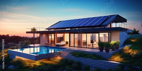 minimalistic design Modern house with blue solar panels on the roof