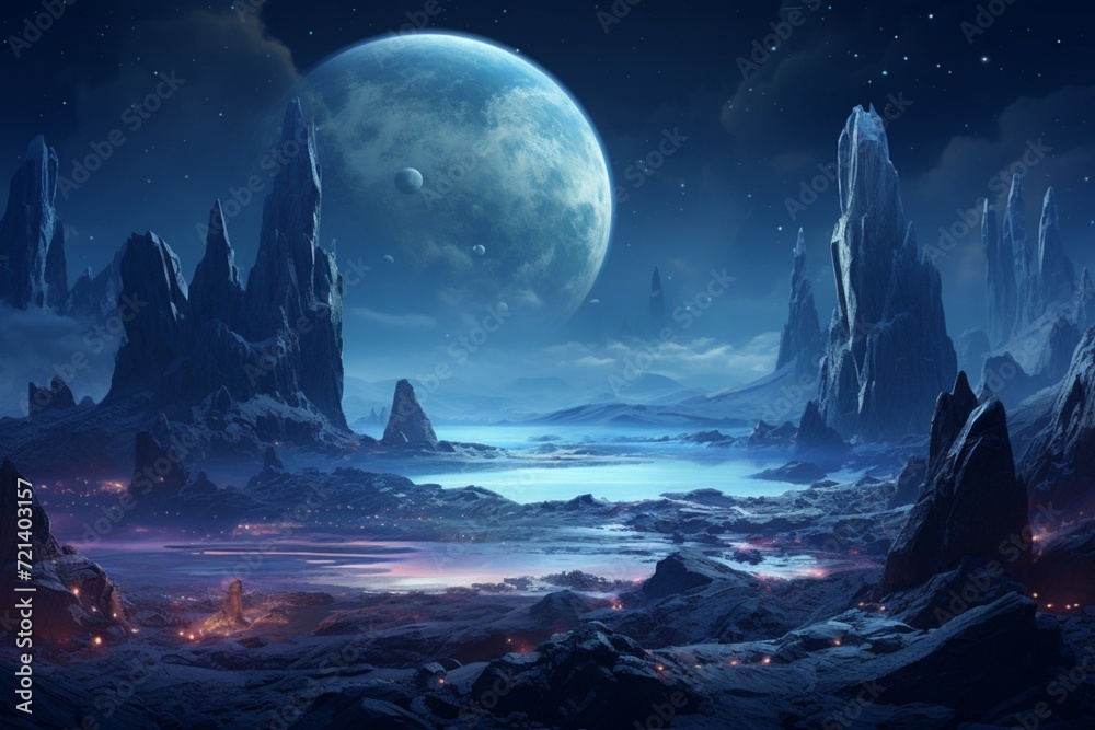 An abstract alien landscape featuring crystalline rock formations under a dual-moon-lit night sky.