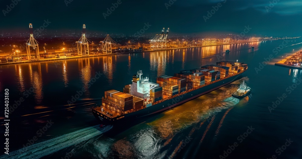 The Bustling Activity of a Container Cargo Ship in the Night Port for Global Trade