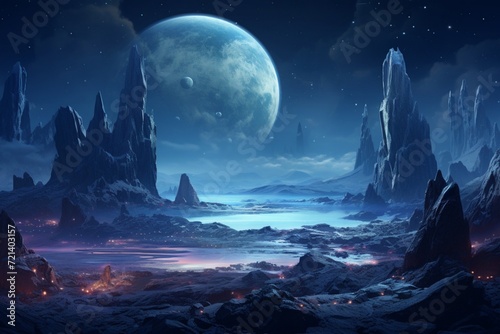 An abstract alien landscape featuring crystalline rock formations under a dual-moon-lit night sky.