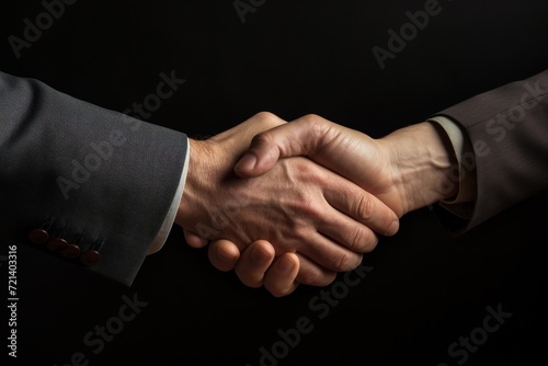 A powerful handshake between two male executives signifies a successful partnership and teamwork in a contemporary office.