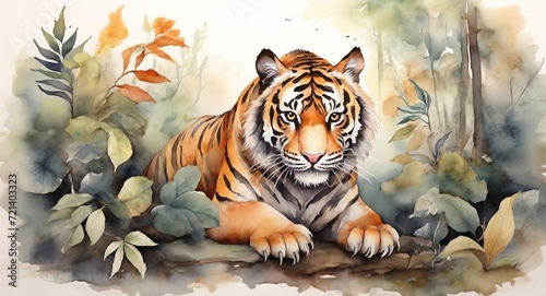 Watercolor hand painted cute tiger on the forest from Generative AI © sevenSkies