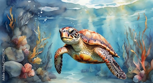 Watercolor hand painted cute turtle on underwater of ocean from Generative AI