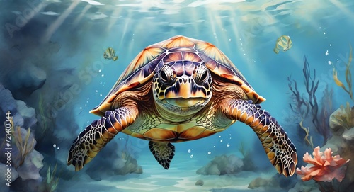 Watercolor hand painted cute turtle on underwater of ocean from Generative AI