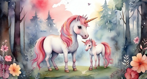 Watercolor hand painted cute unicorn on the forest from Generative AI