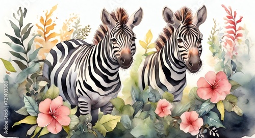 Watercolor hand painted cute zebra on the forest from Generative AI