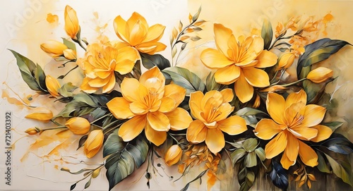 Yellow oil hand painting on canvas arrangements of exotic flowers and leaves  visible brush strokes watercolor from Generative AI