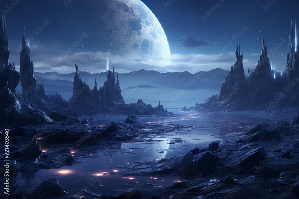 An abstract alien landscape featuring crystalline rock formations under a dual-moon-lit night sky.
