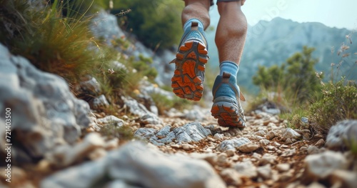 Adventurous Strides - Capturing the Essence of Men's Legs in Sports Shoes, Sprinting Along a Mountainous Route