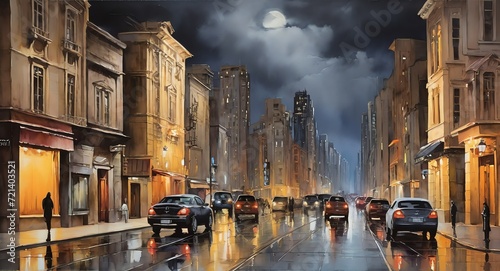 Oil hand painting on canvas arrangements of city landscape at night, visible brush strokes watercolor from Generative AI