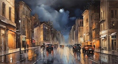 Oil hand painting on canvas arrangements of city landscape at night, visible brush strokes watercolor from Generative AI