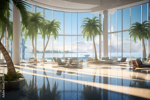 Resort Lobby with Floor to Ceiling Glass Windows