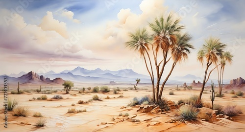 Oil hand painting on canvas arrangements of desert landscape, visible brush strokes watercolor from Generative AI