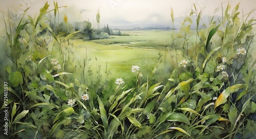 Oil hand painting on canvas arrangements of green grass  visible brush strokes watercolor from Generative AI