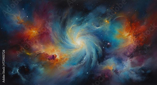 Oil hand painting on canvas of colorful space nebula galaxy abstract, visible brush strokes watercolor from Generative AI