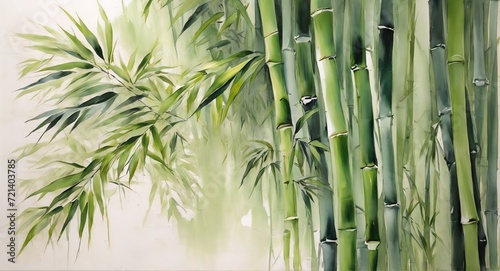 Oil hand painting on canvas of green bamboo trees, visible brush strokes watercolor from Generative AI © sevenSkies