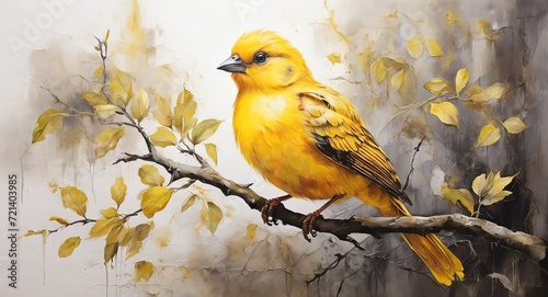 Oil hand painting on canvas of yellow bird on a tree branch, visible brush strokes watercolor from Generative AI © sevenSkies