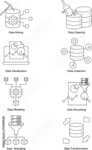 Data Processing Icons - A Set of High-Quality Icons for Data Processing like Data Collection, Cleaning, Wrangling, Transformation, Modeling, Ethics, Storytelling, and Mining.